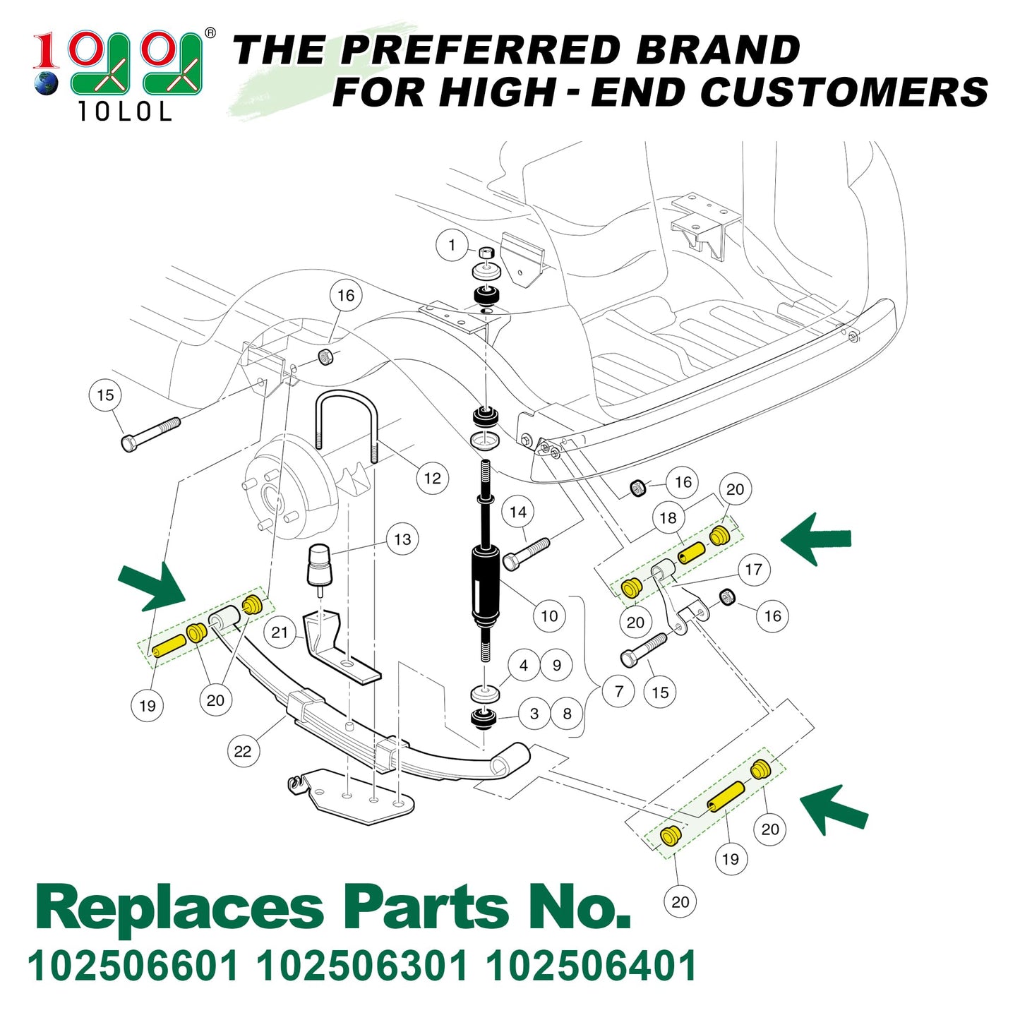 10L0L Complete Rear Leaf Springs & Shackles Bushing Sleeve kit for Club Car Precedent 2004-up Golf Cart, Replace OEM 102506601 102506301 102506401
