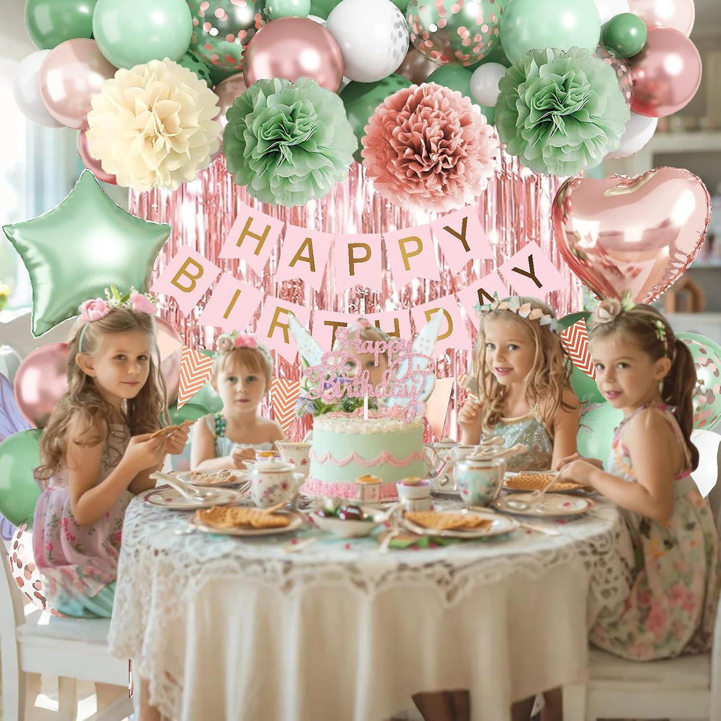 Regine Switzerland Birthday Decorations - Retro Rose Gold & Sage Green Party Décor | Foil Balloons, Happy Birthday Banner & Cake Topper