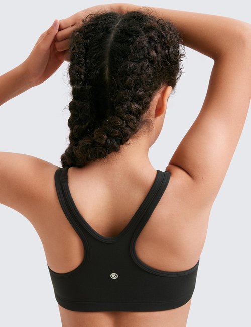 CRZ YOGA Girls Butterluxe Racerback Sports Bra - Yoga Athletic Casual Tops Scoop Neck Padded Crop Kids Teen Black Medium