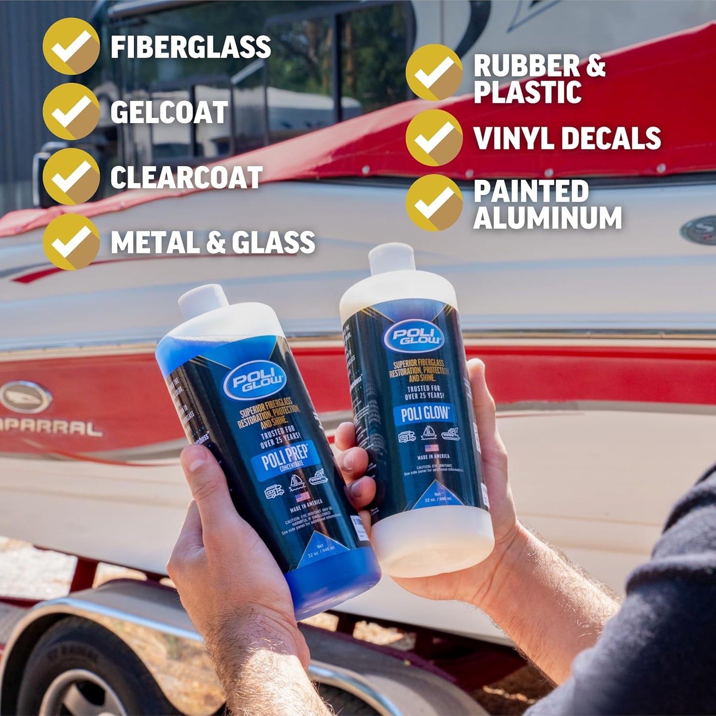 Poli Glow Deluxe Boat & RV Restoration Kit - Removes Oxidation & Seals - Restores High-Gloss Shine to Fiberglass & Gelcoat - Easy 6-in-1 System