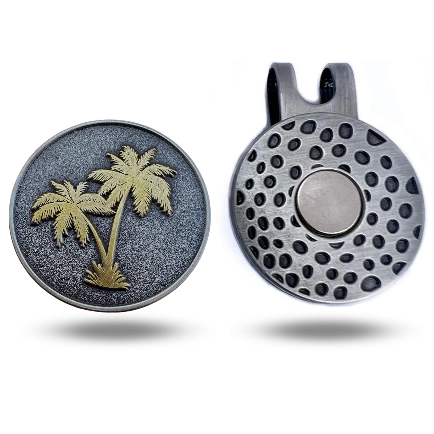 Full Metal Markers Palm Tree Unique Magnetic Metal Golf Ball Marker Accessory with Hat Clip for Men and Women (1 Ball Marker + 1 Hat Clip)