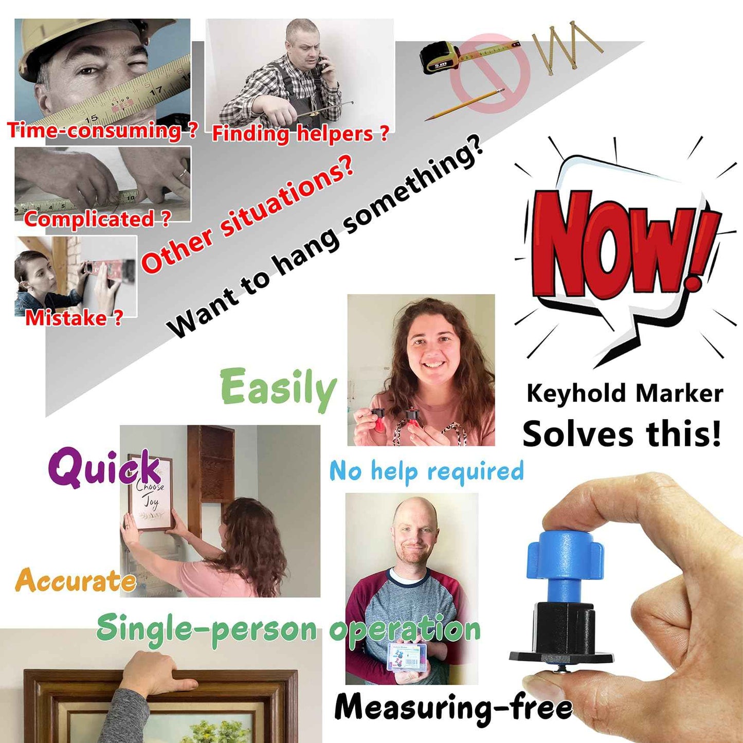 Keyhole Marker, All-in-One Picture Hanging Kit with Level, Center Punch, Screwdriver, Push-Pin Hangers, Easy-Hang No-Measure Tool for Wall Art, Photo Frames, Canvas, Sawtooth, Keyhole, Wire, D-Ring