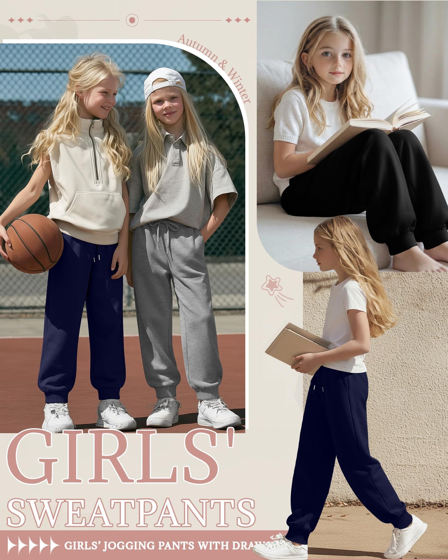 LessonZoo 3 Pack Girls Sweatpants Joggers Baggy Lightweight Athletic Running Drawstring Pants for Teen with Pocket Size 5-16(Navy Blue, Light Gray, Black,Large)