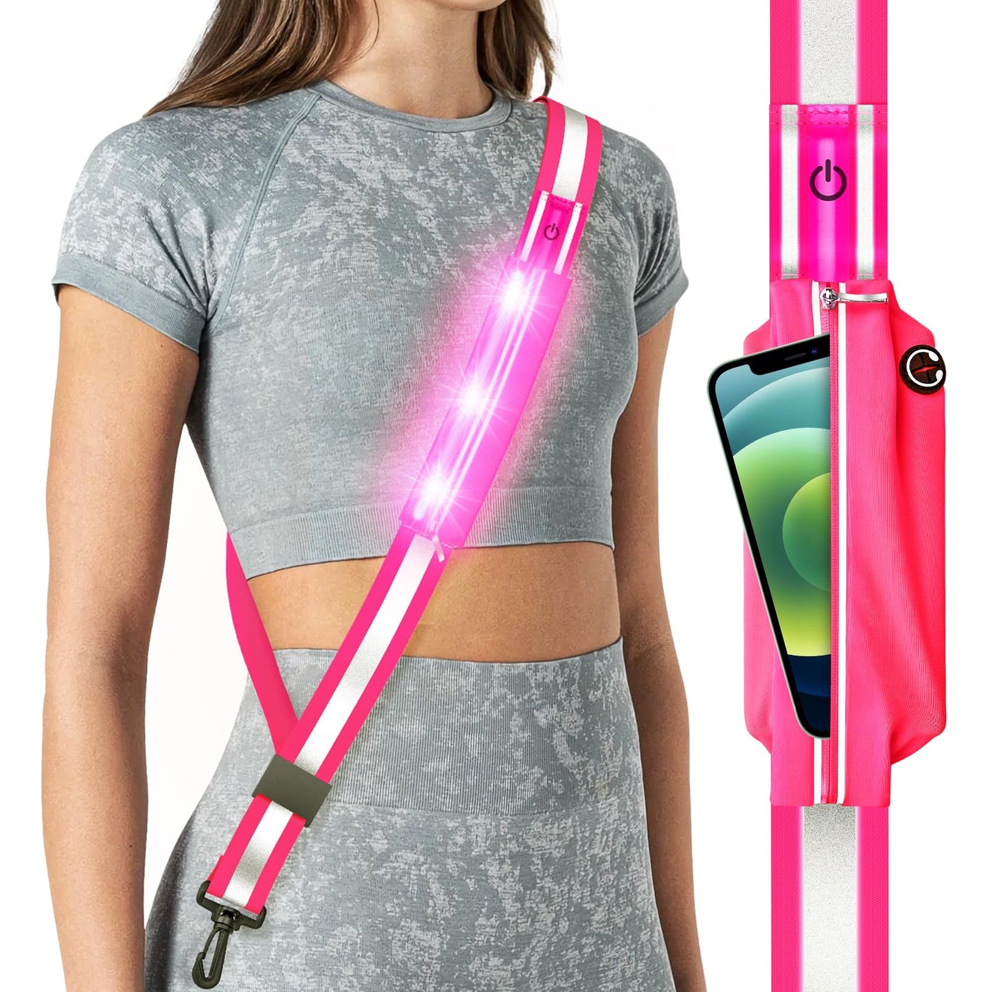 Fokia Kunbio LED Reflective Belt Sash for Walking at Night, Night Running Safety Gear High Visibility Rechargeable LED Light Up Running Belt for Runners Walkers Men Women(Pink)