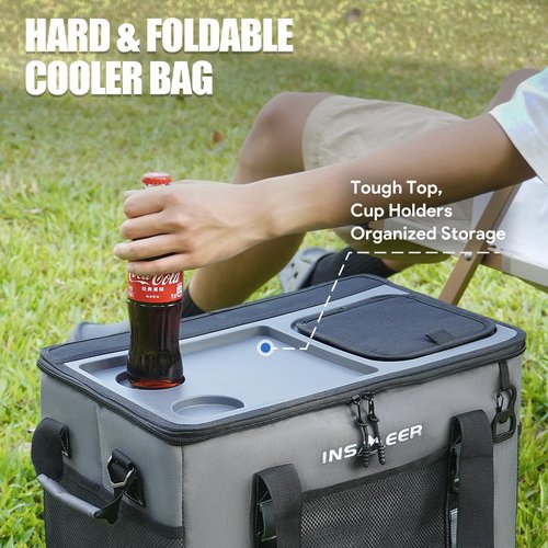 INSMEER Soft Cooler Bag with Hard Shell & 2 Cup Holders, Portable 40L/70 Cans Collapsible Cooler Bags Insulated with Leakproof for Travel, ice chests and Cooler Lunch Box for Beach Camping Picnic