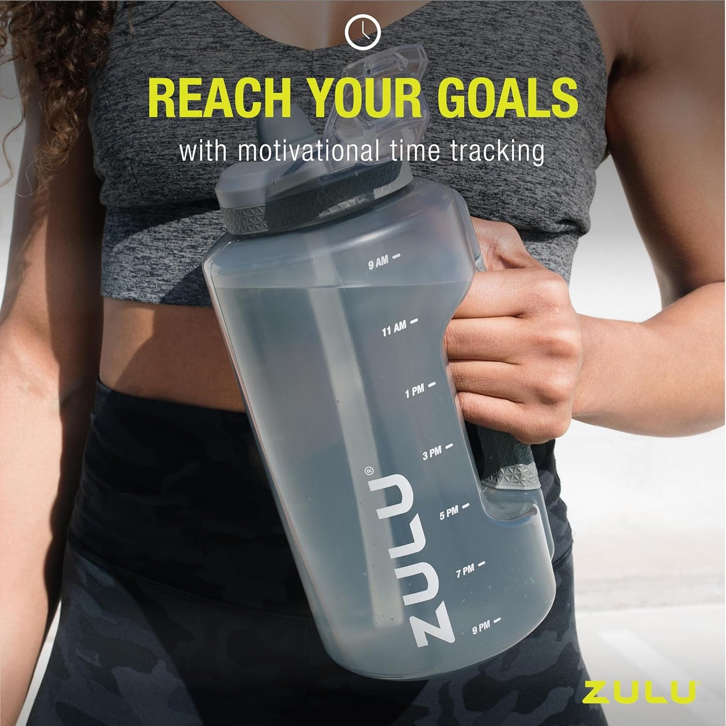 ZULU Goals 64oz Half Gallon Water Bottle - Reusable Jug with Straw, Time Marker & Leak-Proof Lid | Grey