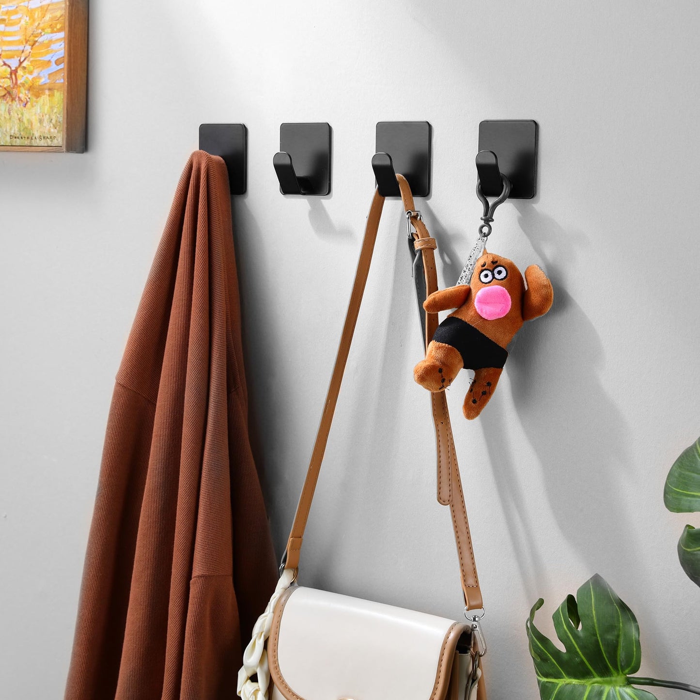 Taozun Towel Hooks Bathroom/Adhesive Towel Hooks - 4 Pack Black Hooks for Towels, Wall Hooks for Bath and Kitchen, Stainless Steel