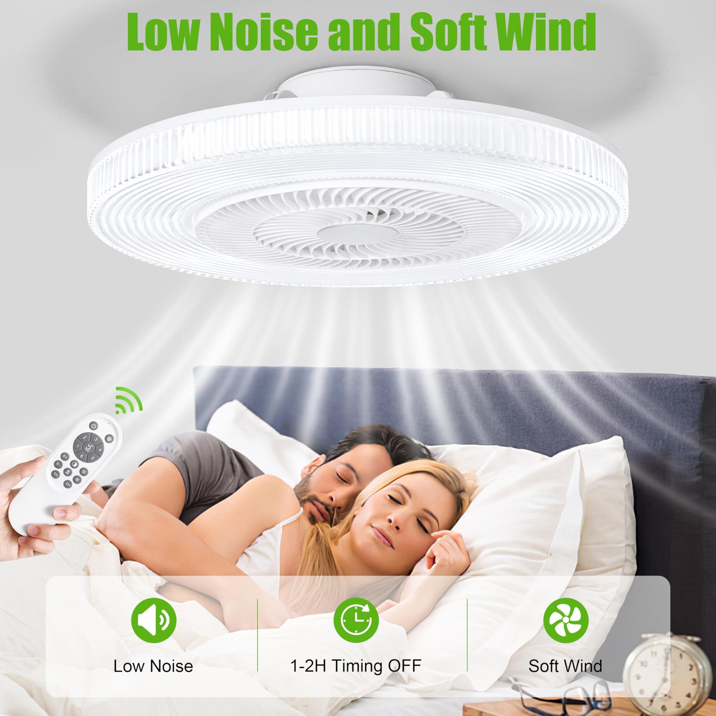 White 20" Modern Low Profile Ceiling Fan with Light and Remote, Stepless Color Temperature and Brightness Adjustable, 6 Wind Speeds, Suitable for Bedroom, Kids Room, Living Room and Study Room