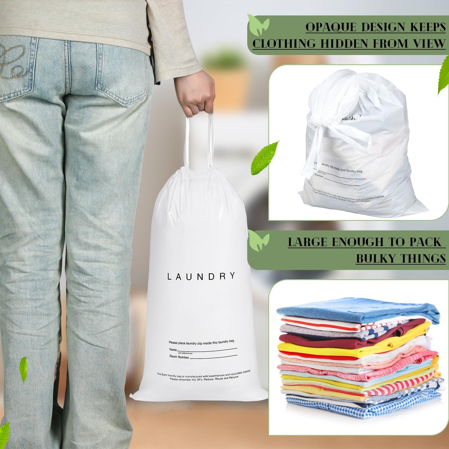 Wowangce 100 Pack Hotel Laundry Bags Bulk 1.38 Mil 14" x 24" Laundry Plastic with Drawstring Closure Writing Strips Patient Personal Belongings Dirty Clothes Bag for Factory Travel Hospital