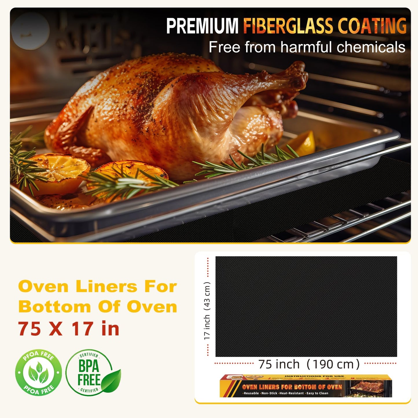 Large Oven Liners for Bottom of Oven, 17"x75" Heavy Duty Non-Stick Oven Liner Mat, Reusable Heat Resistant Grill & Baking Mat, BPA/PFOA Free Roaster Liners, Fits Electric, Gas, Toaster Ovens (Black)