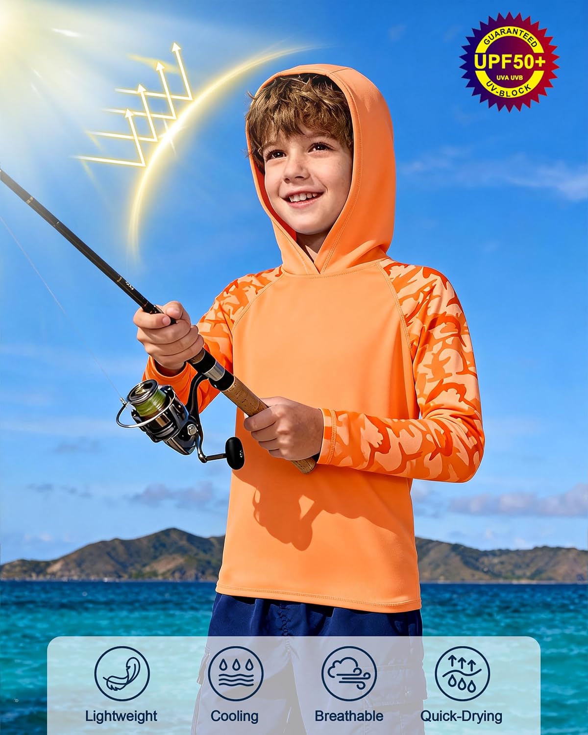 Skiennix Boys Rash Guard Swim Hoodie - UPF 50+ UV Sun Protection Long Sleeve Fishing Shirt | Kids SPF Water Shirt