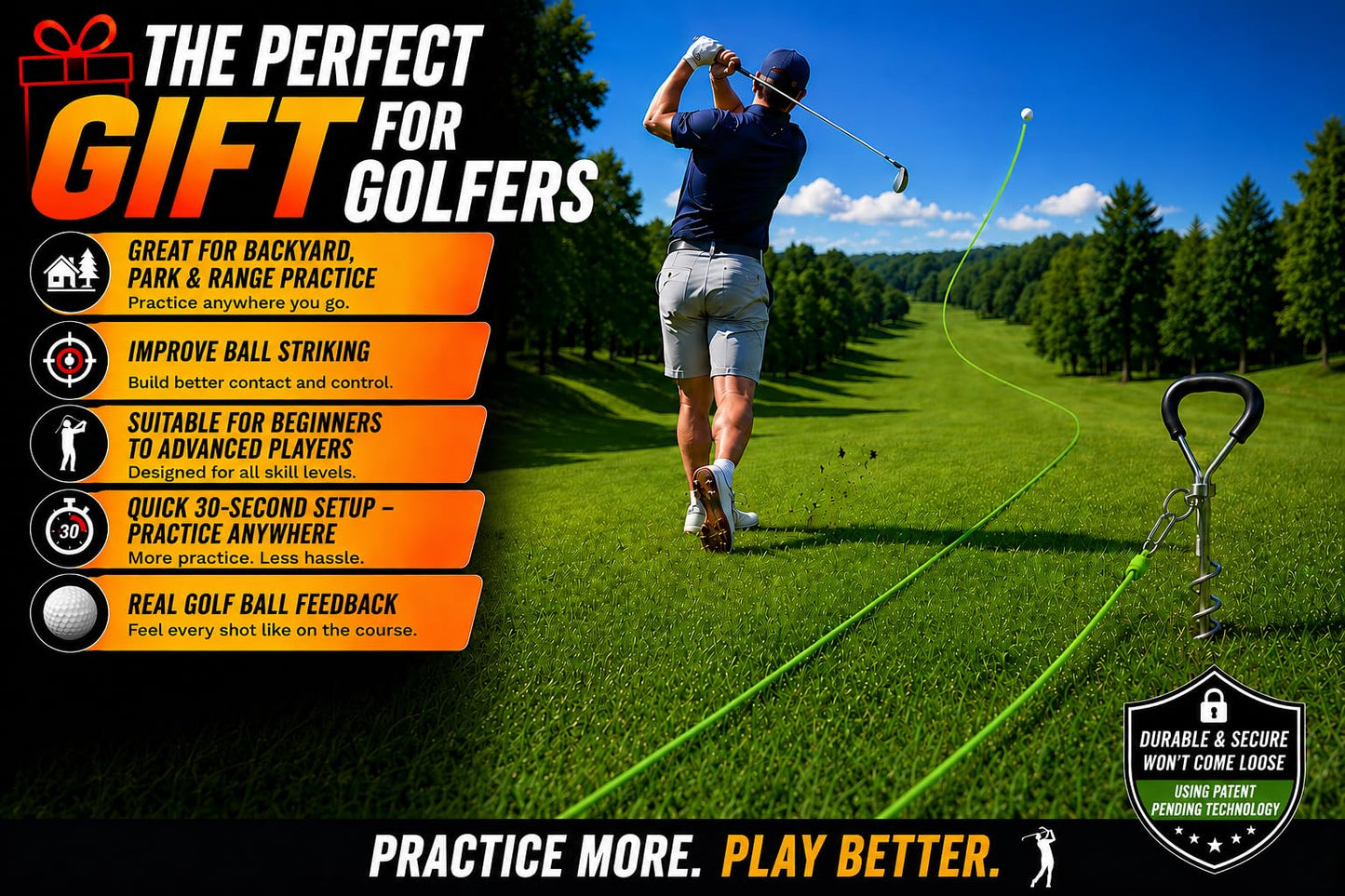SWING AWAY! Golf Training Tool for Drivers & Irons - Practice Your Swing in The Backyard with A Real Ball & Experience 50 Feet of Flight Feedback - for Golfers of All Ages - Made in USA