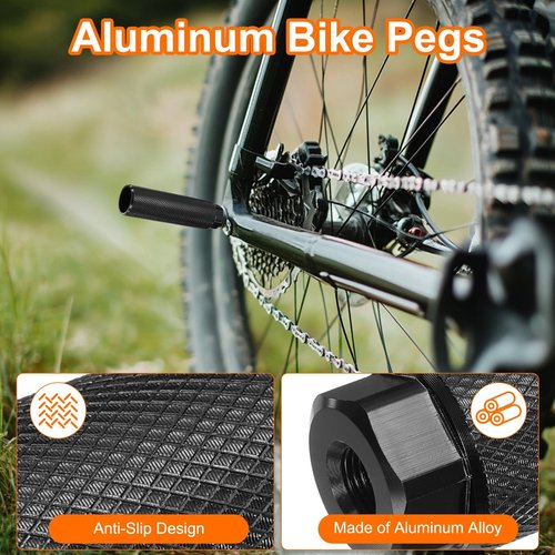 HARFINGTON 2 Pairs Bike Pegs Aluminum Alloy Rear Stunt Pegs Anti-Skid Back Seat Stands Fit 3/8" Axles for Mountain Bike, Black & Purple