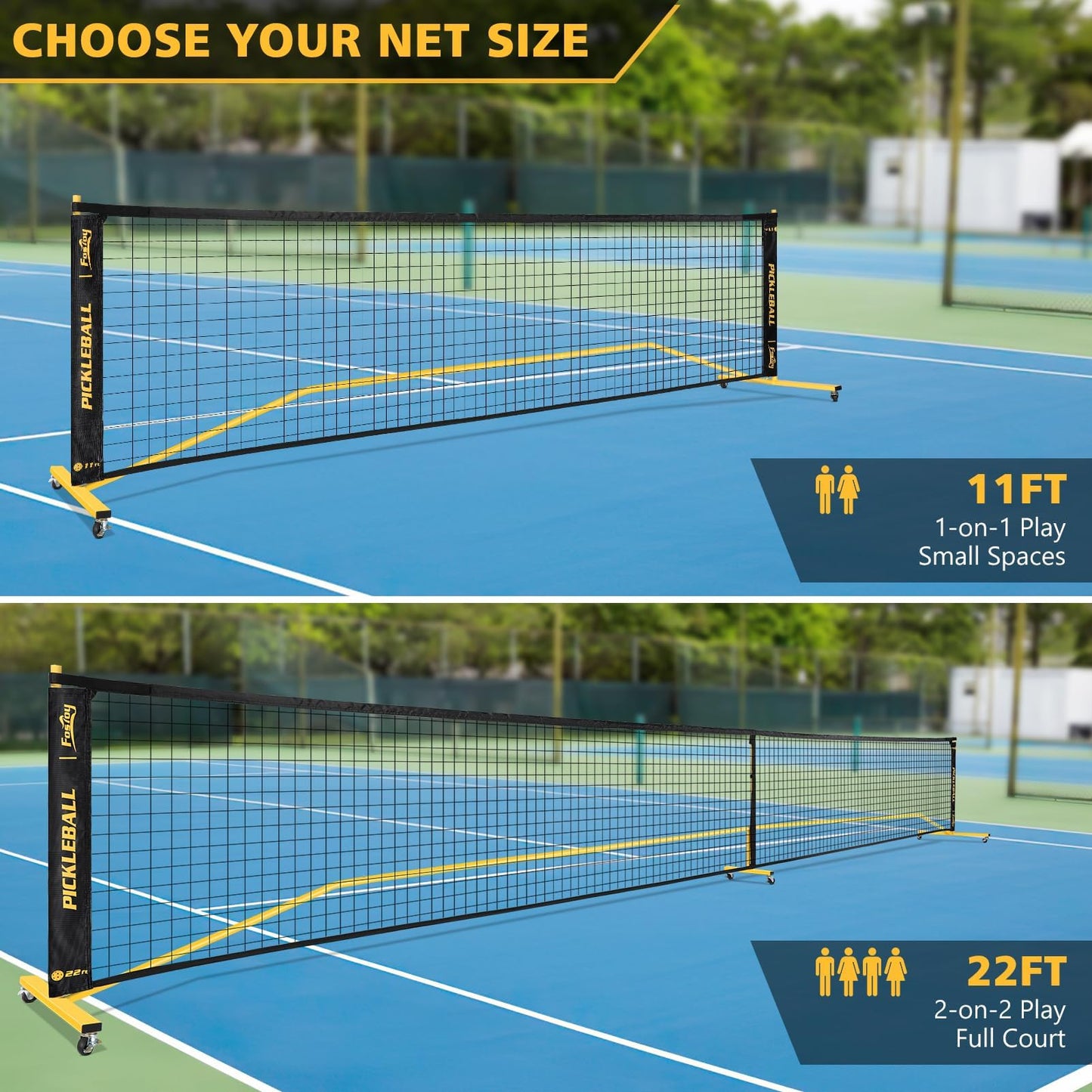 Portable Pickleball Net Set with Wheels, Regulation Size 22 FT & Half Court 11 FT, Steady Metal Frame Pickle Ball Net Set System with Carry Bag for Backyards, Driveways, and Garages