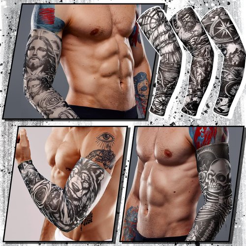 Boao 12 Pcs Temporary Tattoo Sleeve for Men Cooling Arm Sleeves Long Fingerless Arm Cover Anti Slip UV Protection Sun(Novelty Style,One Size)