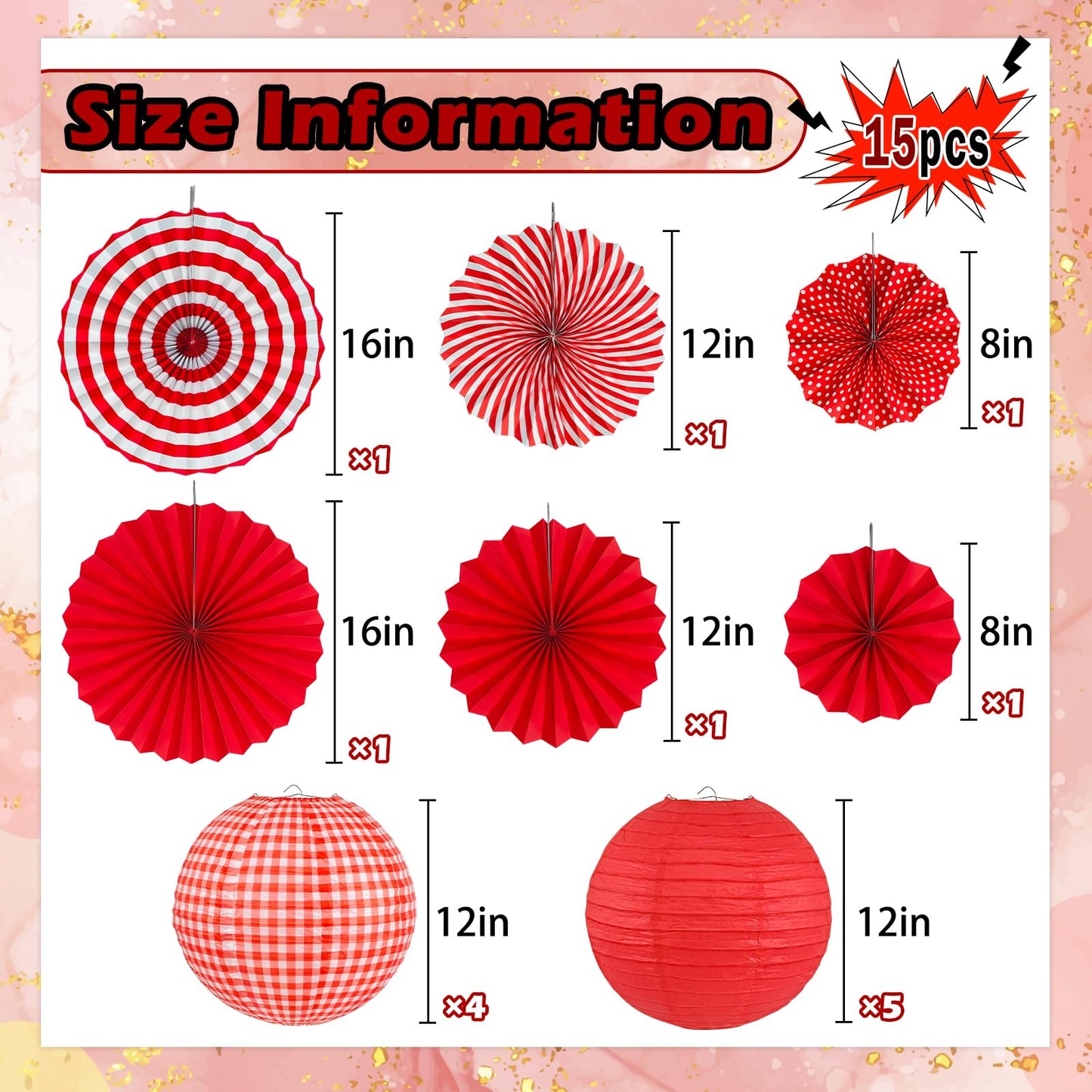 Peywot 15Pcs Red Party Decorations Supplies Set, Hanging Red Paper Lanterns Paper Fans for Home Decor Birthday Wedding Graduation Picnic BBQ Baby Shower Pizza Party