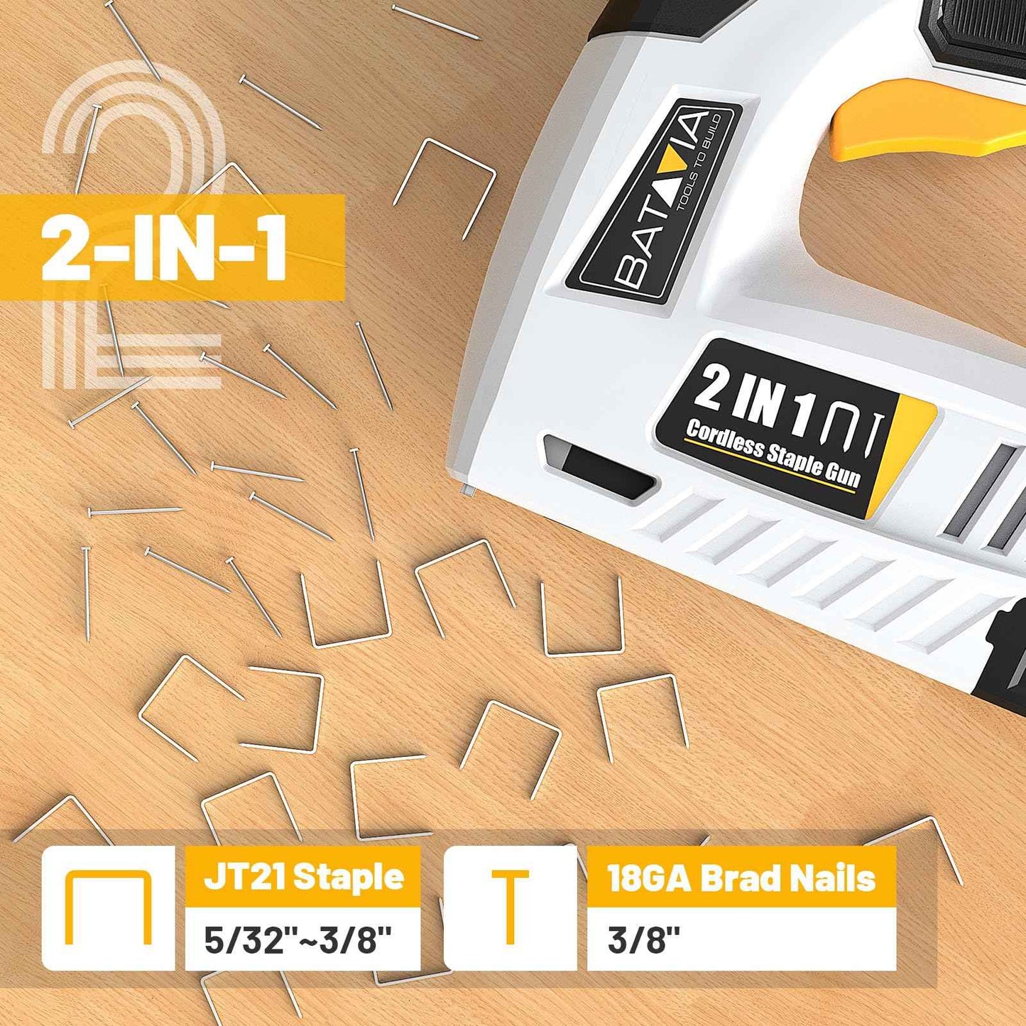 BATAVIA Electric Staple Gun, 2-in-1 Cordless Brad Nailer & Stapler Kit with 2000Pcs Nails & Staples, 4V Lithium-ion Rechargeable Nail Gun for Upholstery, Wood Working, DIY Home Projects