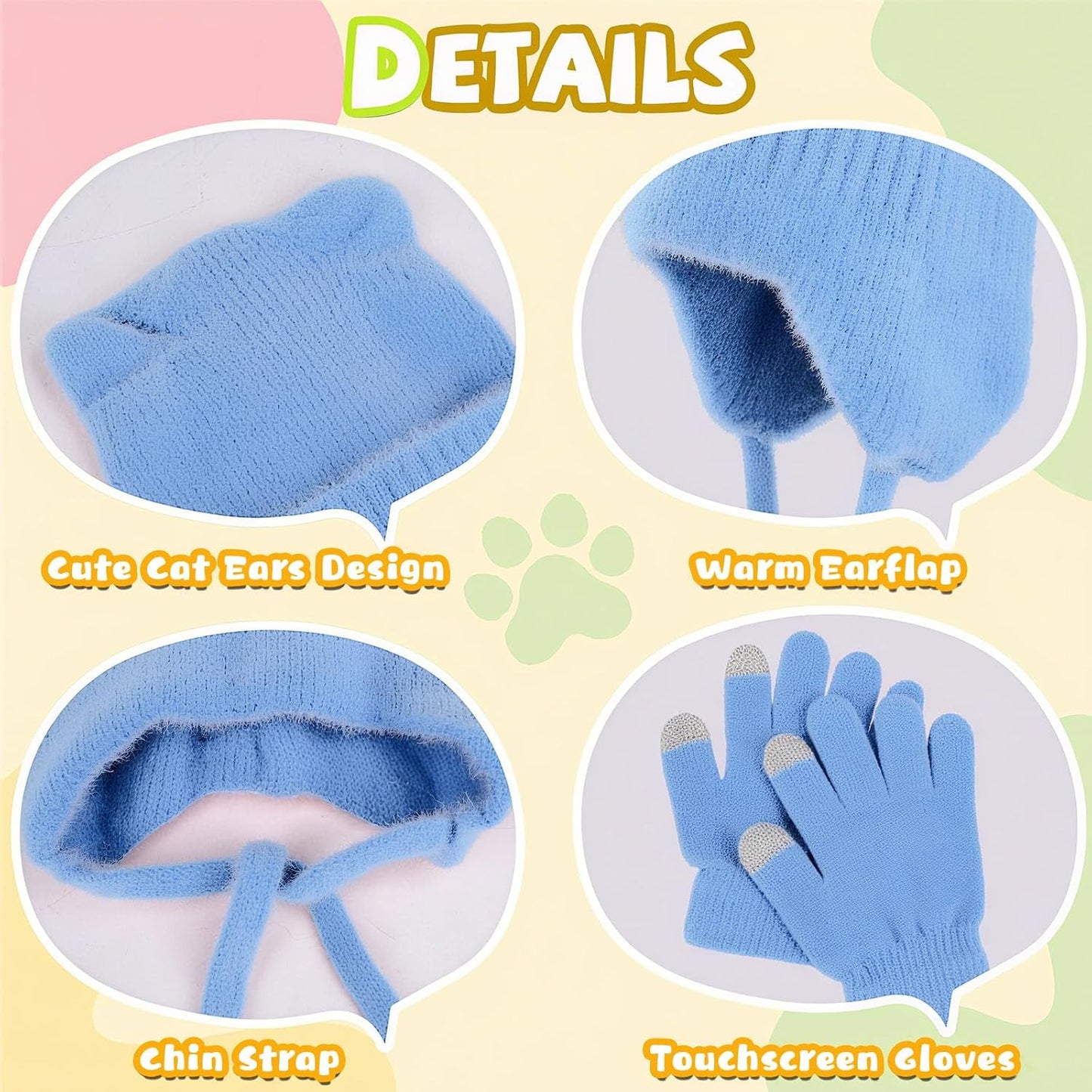 ZOORON Kids Winter Hat & Glove Set - Cat Beanie with Warm Ear Flaps | Knit Skull Cap for Ages 5-15