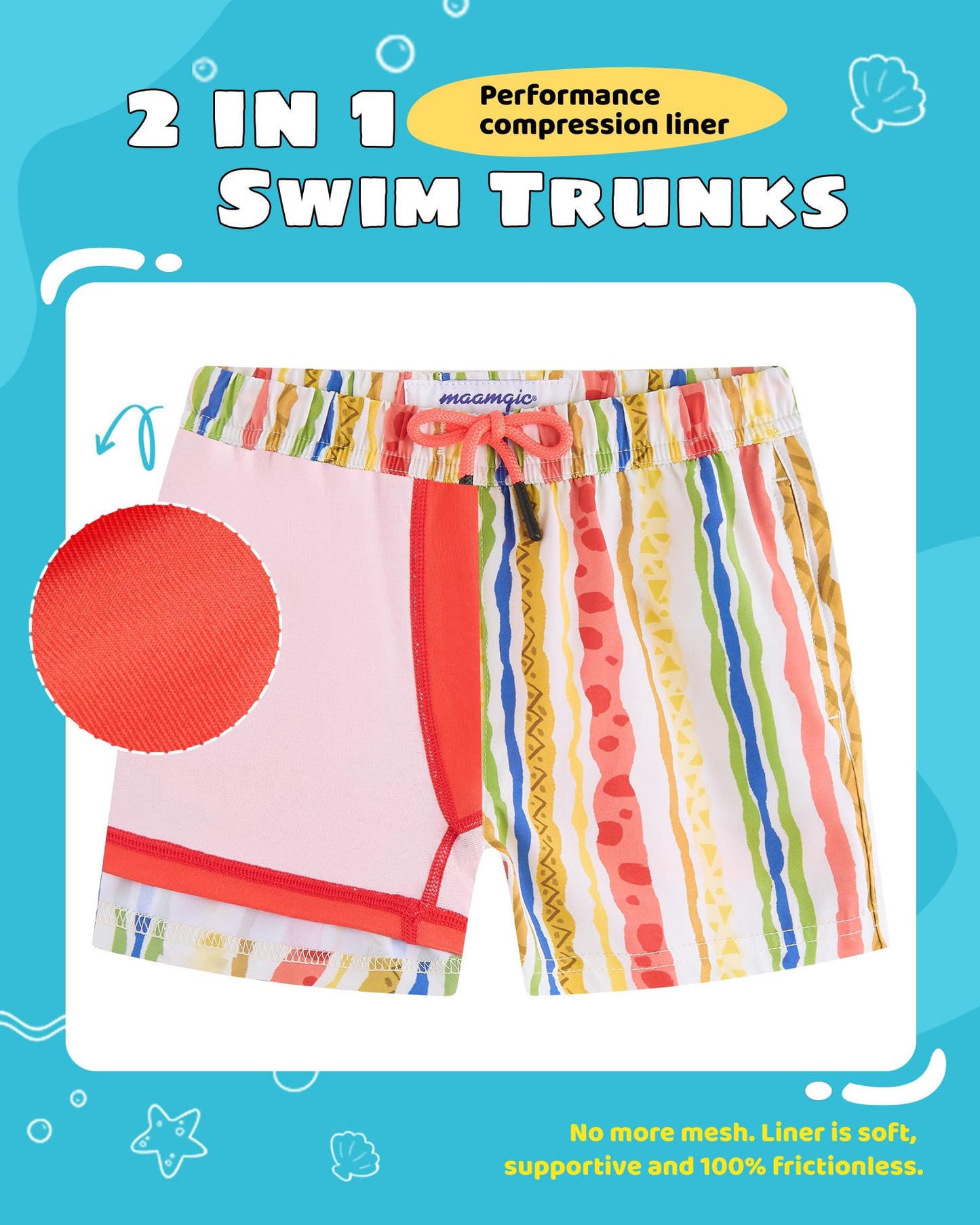 maamgic Boys Swim Trunks with Compression Liner Toddler Stretch Swim Shorts Quick Dry Swimming Trunks Boxer Brief 2 in 1 Beach Shorts Playful Stripes 10/12