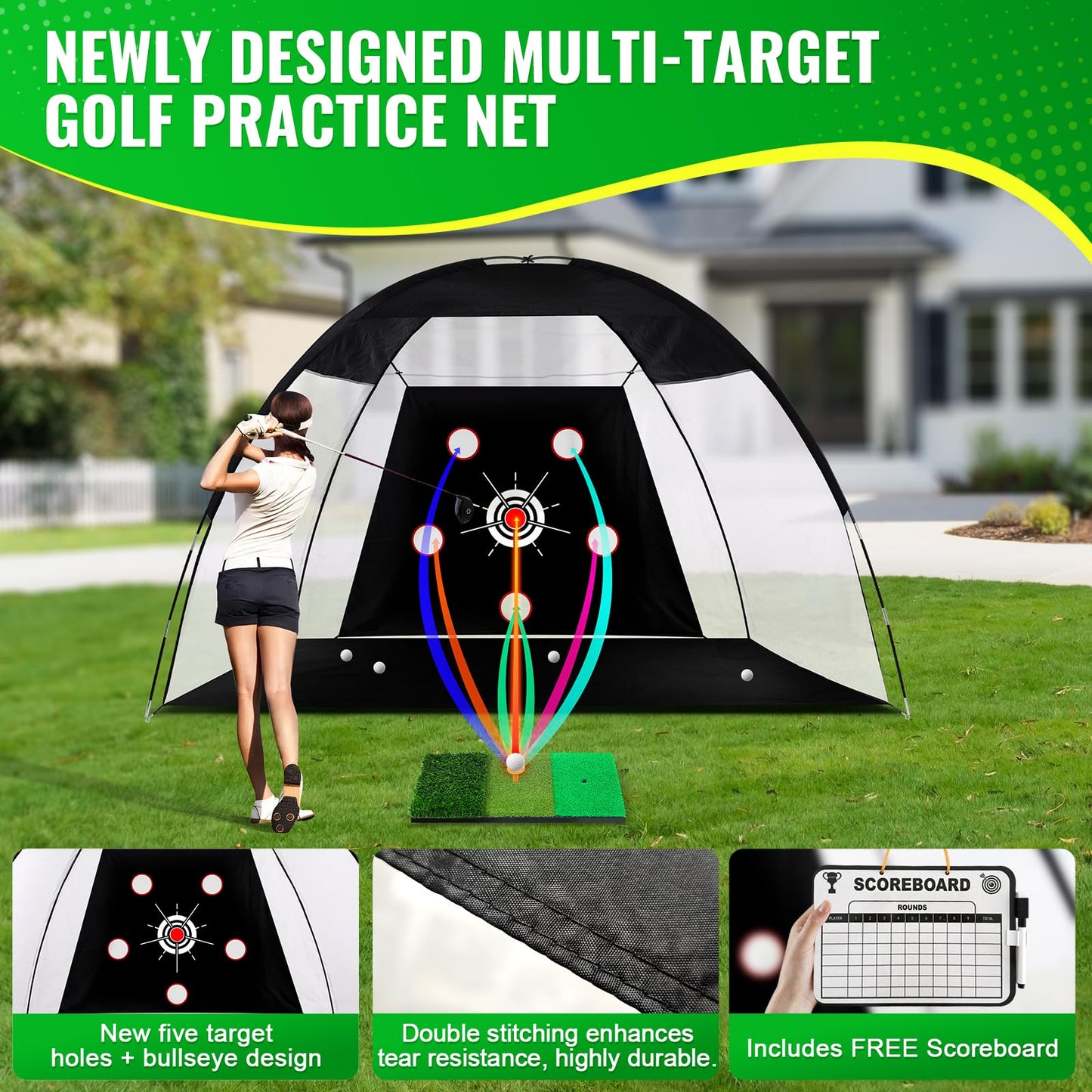 Golf Net 10x7ft, Golf Practice Net for Backyard with 5 Target Holes & Bullseye All-in-One Golf Hitting Net Kit with 3-Turf Mat for Indoor/Outdoor Swing & Chipping Training (10x7ft)