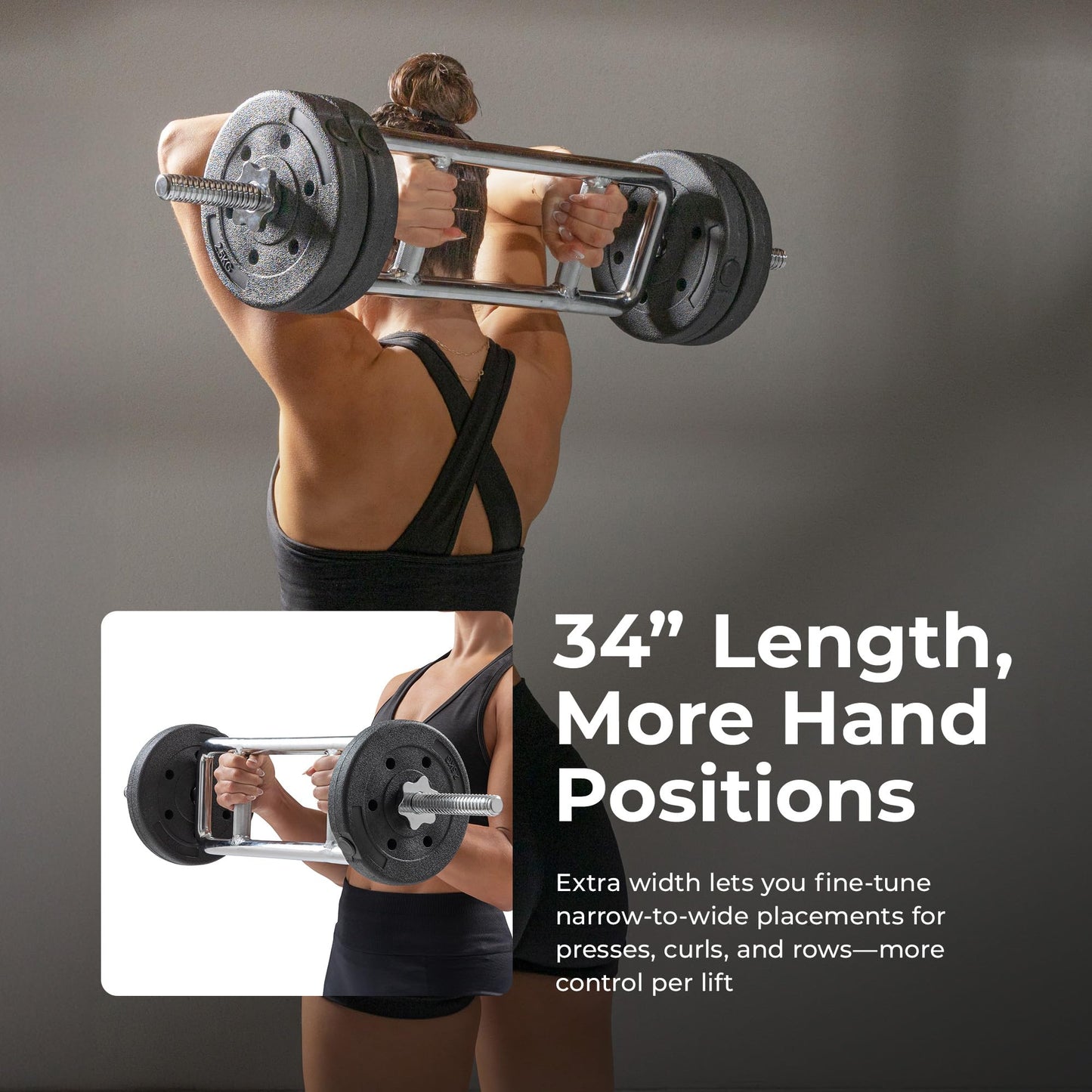 Sunny Health & Fitness 34" Standard Tricep Bar – 1" Plate Compatible, 25 mm Knurled Grip, Chrome Finish, Star-Lock Collars, 160 lb Capacity - SF-SB02-34
