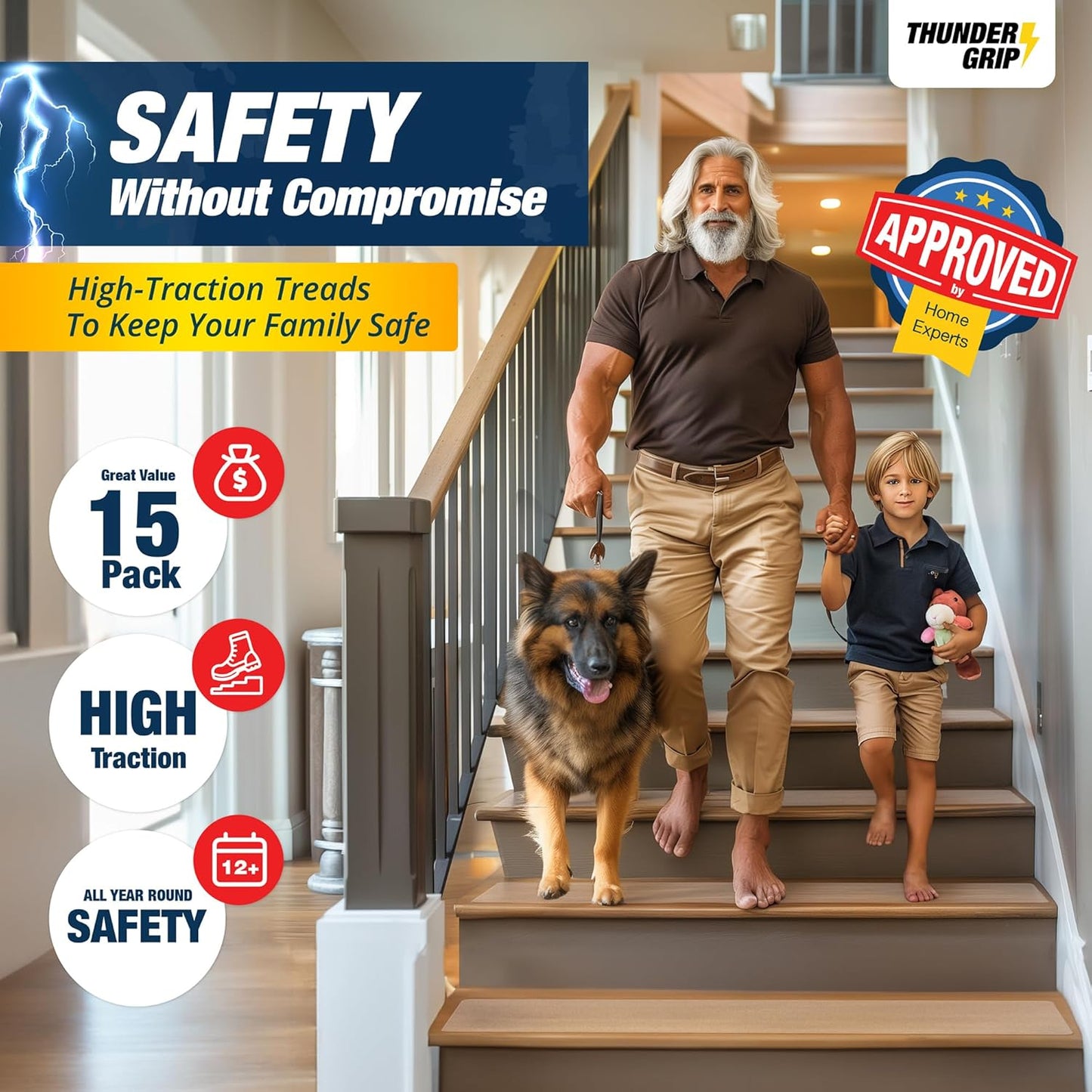 Non-Slip Clear Stair Treads 30"x6" - 15-Pack Adhesive Grips for Wood Steps - Safe for Dogs & Seniors