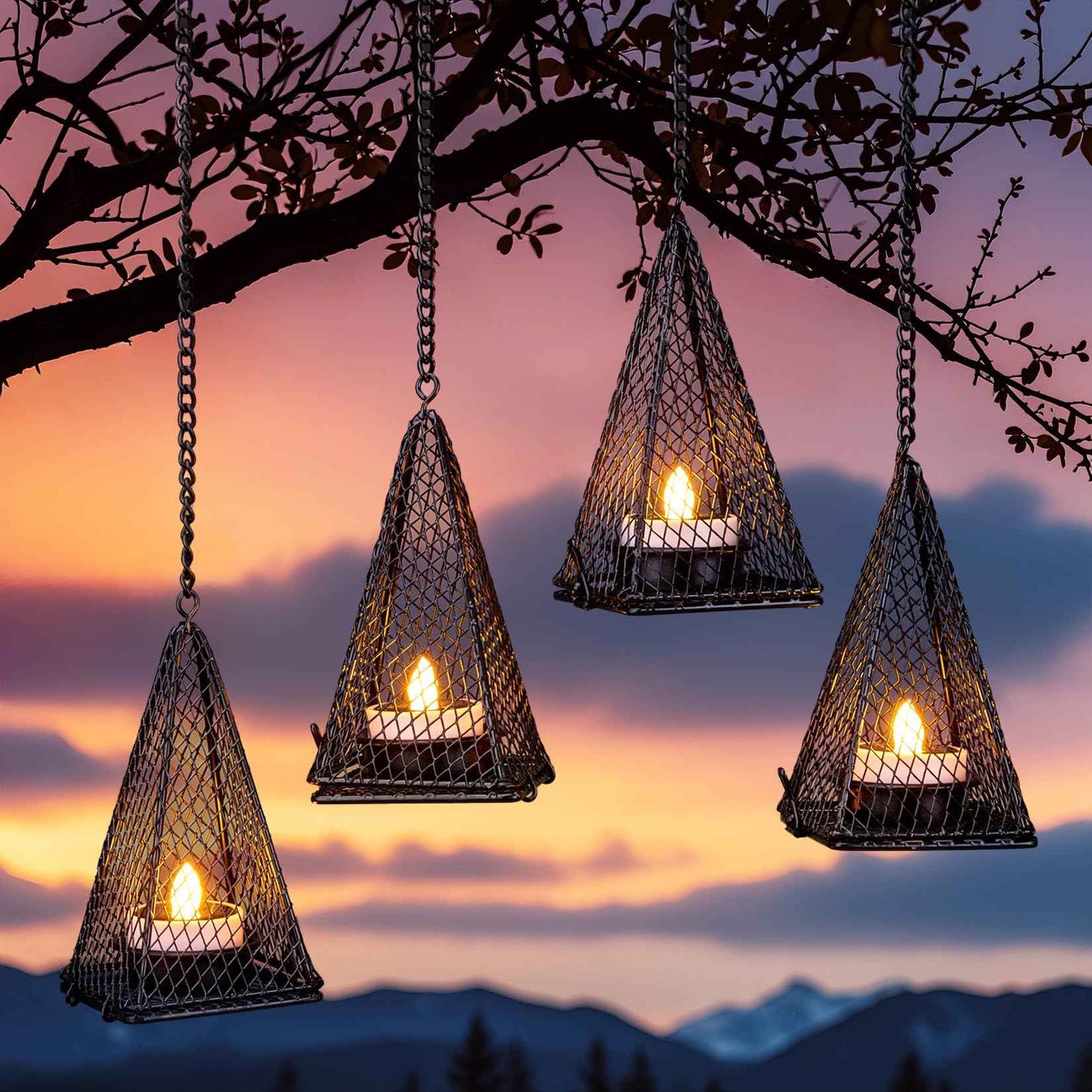 Solar Hanging Lights Outdoor, 4 Pack Hanging Lanterns Candle Holder with Solar Tea Lights Candles Outdoor Waterproof, Chandelier Ideas for Tree Gazebo Pergola Patio Decor