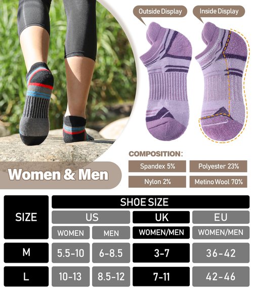 LANLEO Merino Wool Ankle Running Hiking Socks for Women Men Compression Support Thick Cushion No Show Socks 6 Pairs Mix Color A,Large