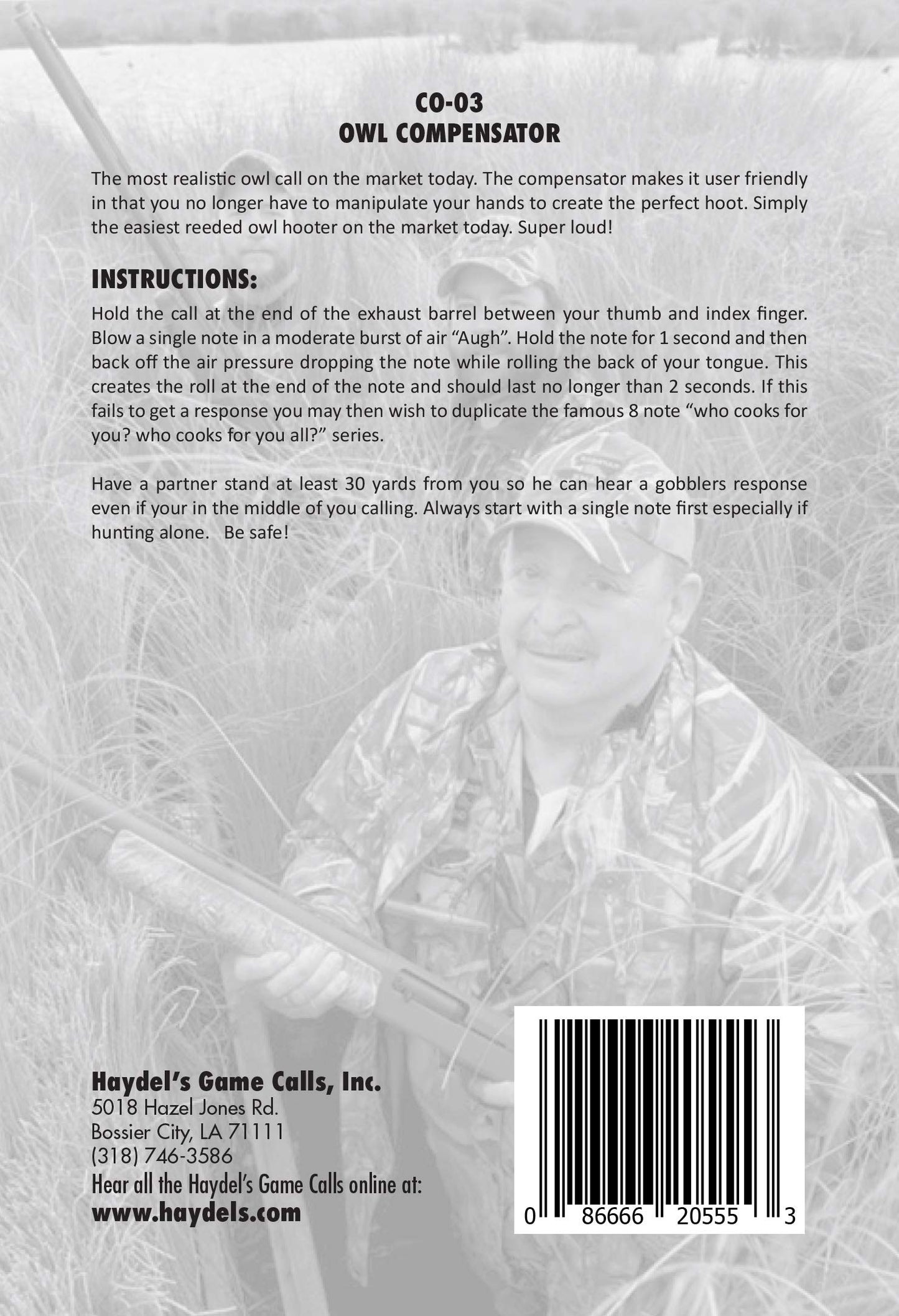 Haydel's Game Calls Inc. CO-03 Compensator Owl Call, Turkey Locator Call