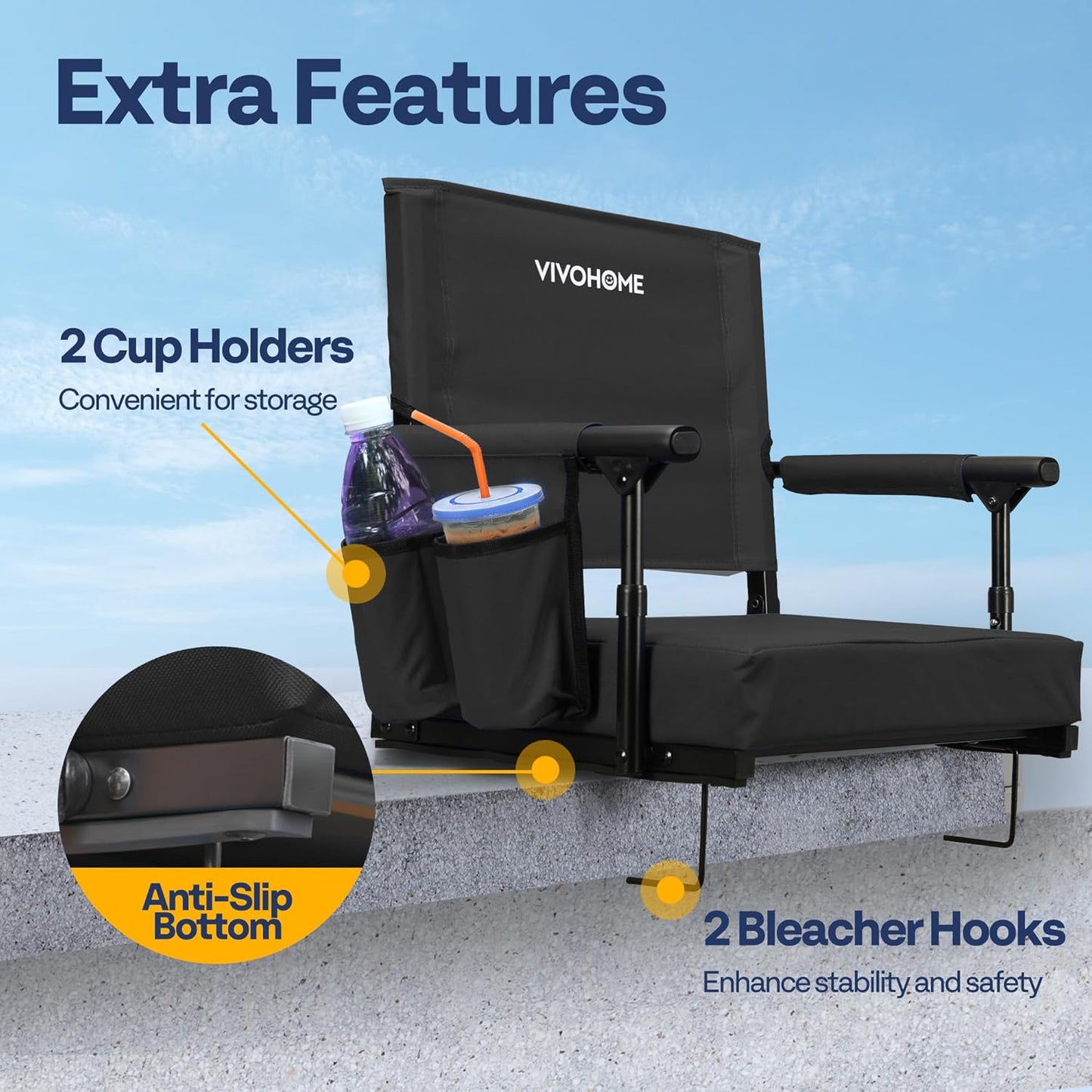 VIVOHOME Portable Stadium Seat - Comfortable Bleacher Chair with Back Support & Cup Holder | Black