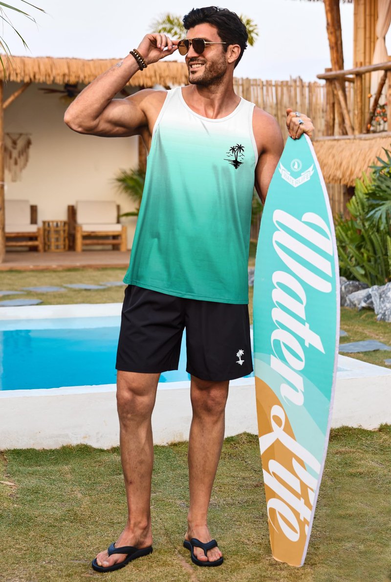 VOGSTART Men's Tank and Shorts Set Designer Shirts Sleeveless Shirt Hawai Cool Vacation Beach Classic Summer Tropical Breathable Vacation Lightweight Tank Green - Gradient L