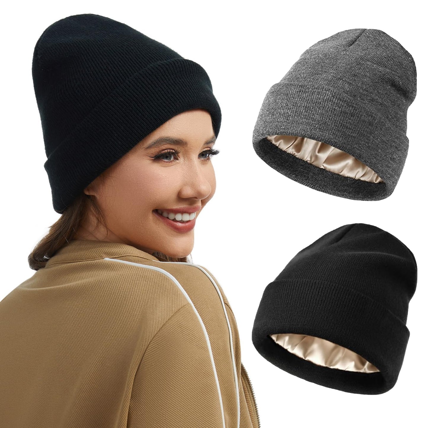 LEADUWAY 2 Pack Beanie Hats for Women & Men Winter, Satin Lined Beanies, Double Layer Warm Womens Winter Hats (US, Alpha, One Size, Black/Dark Grey