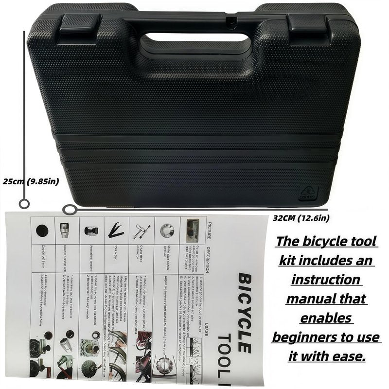 YBEKI Professional Bike Repair Tool Kit with Hard Case - Complete Maintenance Set for Mountain & Road Bikes, Includes Ratchet, Chain Tool, Crank Puller, Tire Bead Breaker, Multi-purpose Pliers