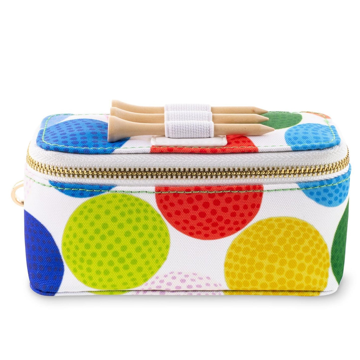 Kate Spade New York Women's Golf Set - 3 Wooden Tees & 3 Balls With Zipper Pouch, Gold Clasp Secures to Bag, Golfball Pattern Mini