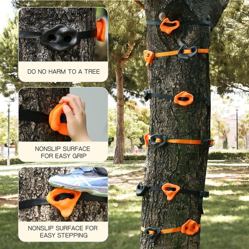TOPNEW 20 Ninja Tree Climbing Holds for Kids Climber, Orange & Black Tree Climbing Kit with 6 Ratchet Straps for Outdoor Ninja Warrior Obstacle Course Training