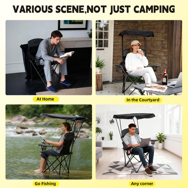 YOUNG WOOD Camping Chair with Canopy, Beach Chair with Shade,Portable,Lightweight Oversized for All, Easy to Open and Close Without Installation, Side Pocket Design for All Outdoor Activities，Black