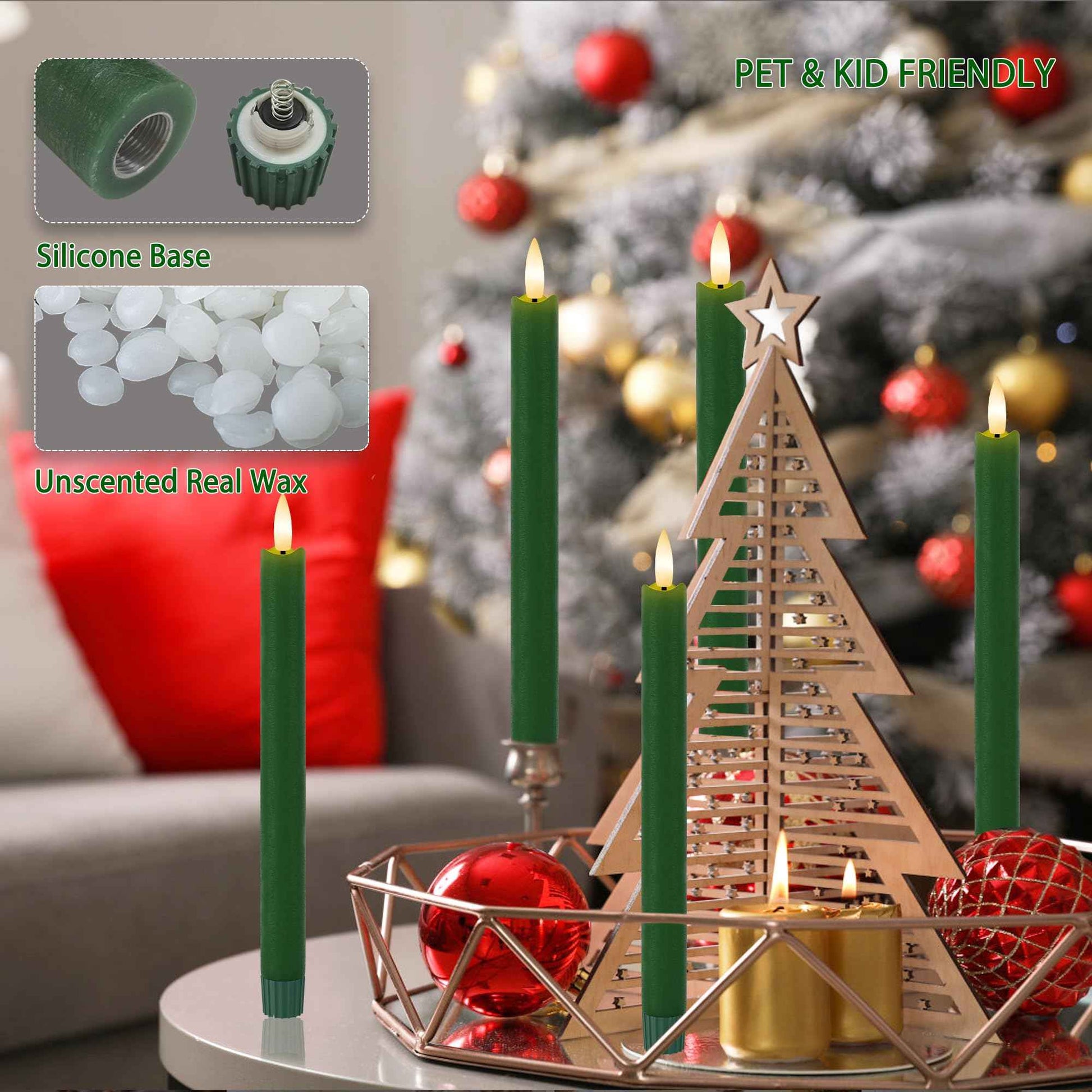 Green Flameless Taper Candles 9.6" Christmas LED Candles Real Wax with Remote Timer, Battery Operated LED Candles Set with 3D Flickering Flame, Classic Flickering Candlesticks for Home, Party, 3 Pack
