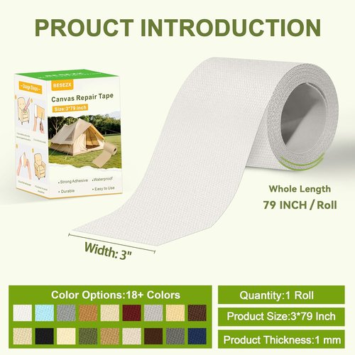 Besezx Canvas Repair Tape - Waterproof Self-Adhesive Fabric Patch for Outdoor Gear | 3x79 Inches (Off White)