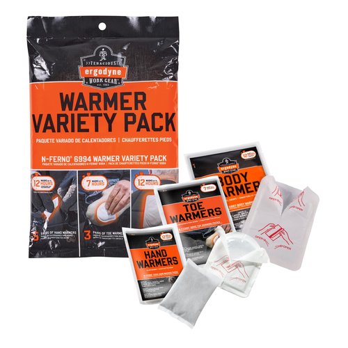 Ergodyne N-Ferno 6994 Adhesive Body, Toe, Hand Warmers Variety Pack, Disposable, Up to 12 Hours of Warming, Includes 3 pairs of toe, 5 body, 5 pairs of hand warming pouches