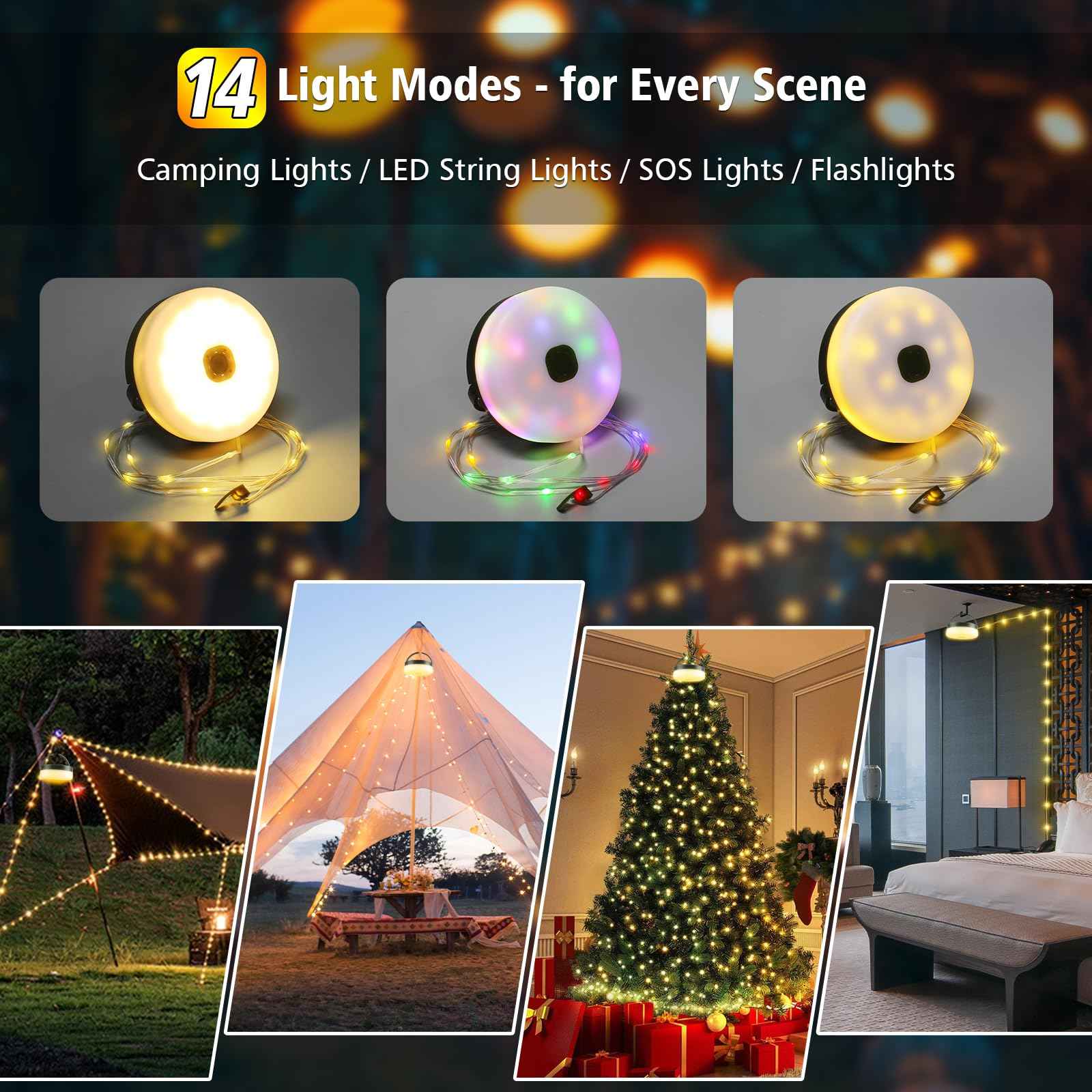 Camping String Lights 33ft, 4 in 1 Rechargeable 100 LED Outdoor Tent String Lights with 14 Lighting Modes Remote Control Waterproof with Timer Function for Camping Gear Essentials Hiking Yard Garden