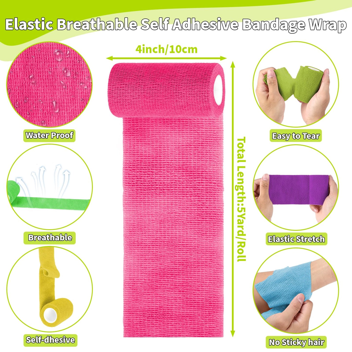 54 Pack Colorful Self Adhesive Bandage Wrap Bulk 4 Inch x 5 Yards Cohesive Bandage,Vet Wrap Breathable Elastic Self-Adherent Tape for Stretch Athletic Sports Wrist Ankle Dogs Pet Vet Wrap