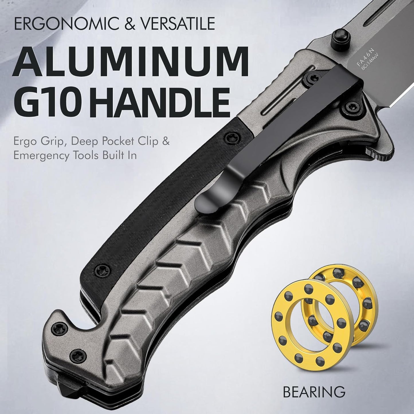 NedFoss FA46N EDC Pocket Knife - 3.35" Tactical Rescue Knife with Glass Breaker & Seatbelt Cutter | Ultralight Grey Aluminum Handle