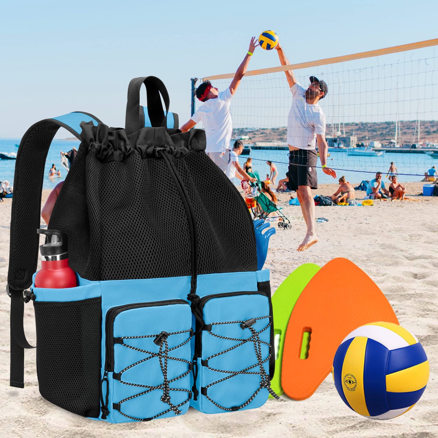 Fasrom Mesh Beach Bag Backpack with Waterproof Bag and Pocket, Large Drawstring Swim Backpack for Travel, Gym and Pool Sports, Blue (Patent Design)