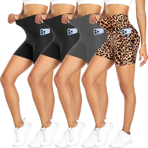 FULLSOFT Biker Shorts for Women - High Waisted Tummy Control with Pockets | 4 Pack for Yoga, Gym, Running