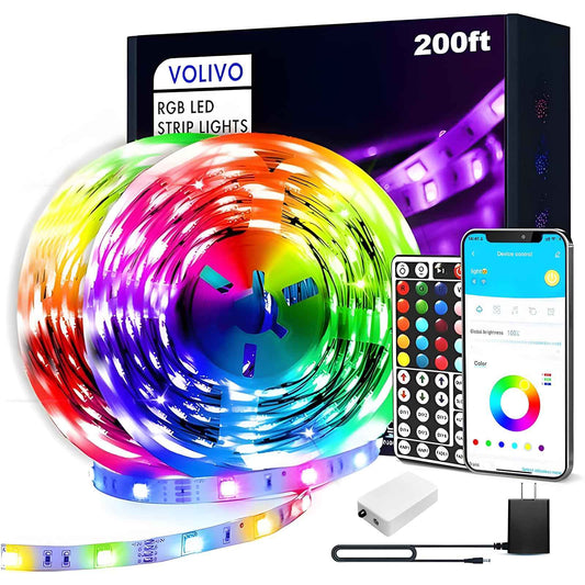 VOLIVO LED Strip Lights for Bedroom 200ft, Smart Bluetooth RGB Light Strips with App Control & Music Sync, Color Changing LED Lights for Room, Home, Party Decor