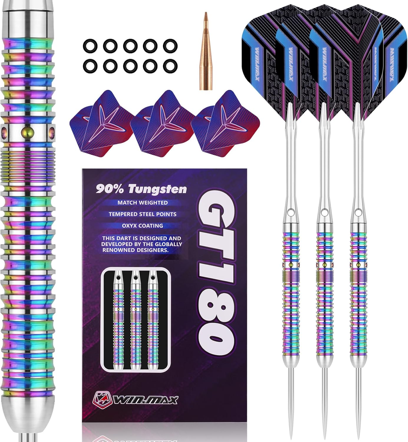 WIN.MAX Darts Metal Tip Set - Professional 90% Tungsten Steel Darts, 20-28 Grams, Includes Extra Flights