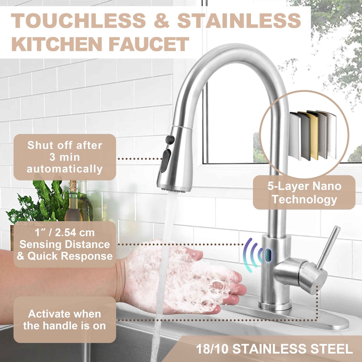 Touchless Kitchen Sink Faucet with Pull Down Sprayer, Herogo Brushed Nickel Stainless Steel Smart Activated Kitchen Faucet with Soap Dispenser, Single Handle Motion Sensor Tap for Farmhouse RV Sink