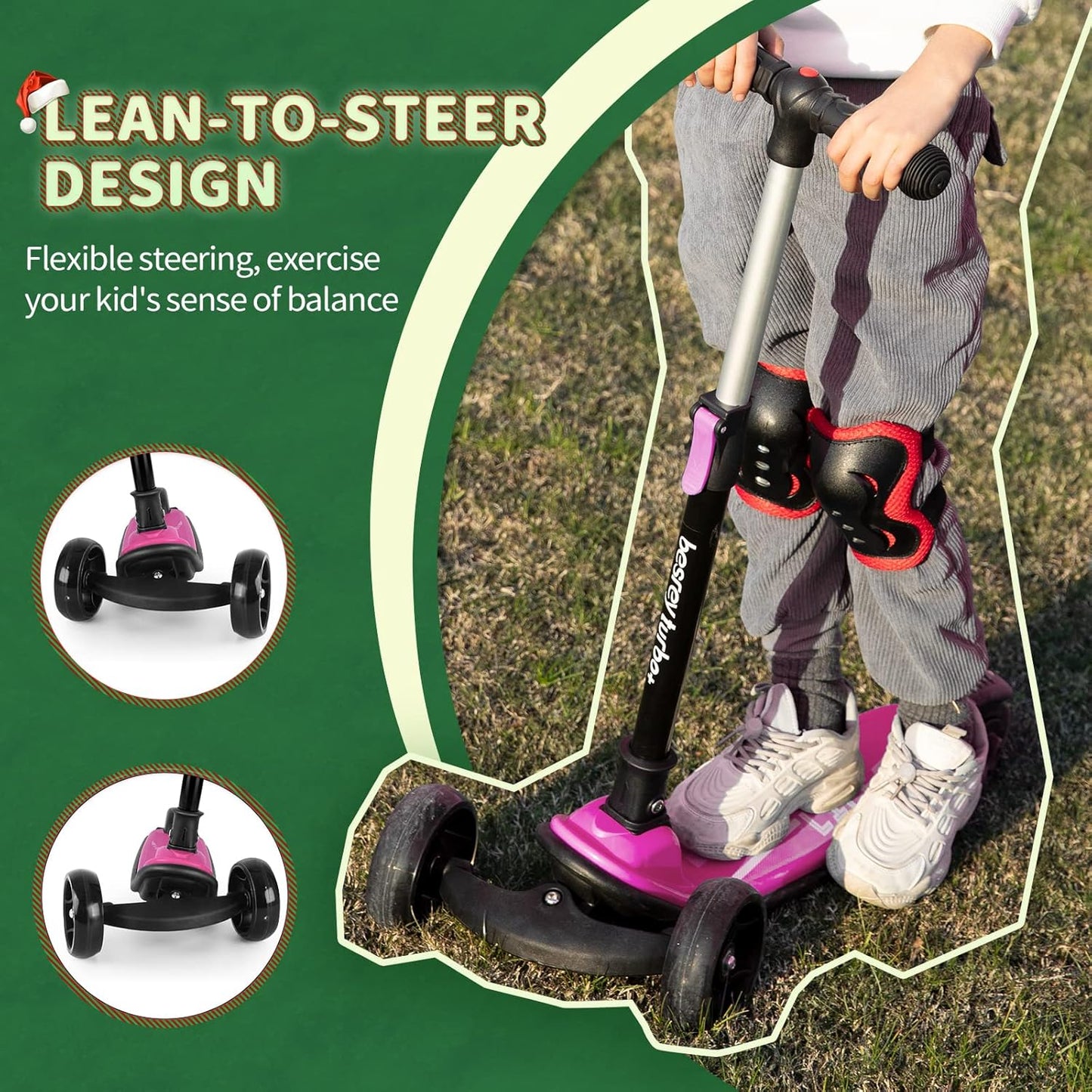 Besrey Kick Scooter for Kids - 3-Wheel Folding Design with Adjustable Height & LED Light Wheels | Extra Wide Deck