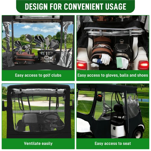 Cartalia Golf Cart Driving Enclosure 2 Passenger for EZGO TXT/RXV, Rain Drivable Cover Golf Cart 2 Seater 4 Sided Roll Up Clear Windows, Durable Zippers Open Side Mirrors - Black (Black)