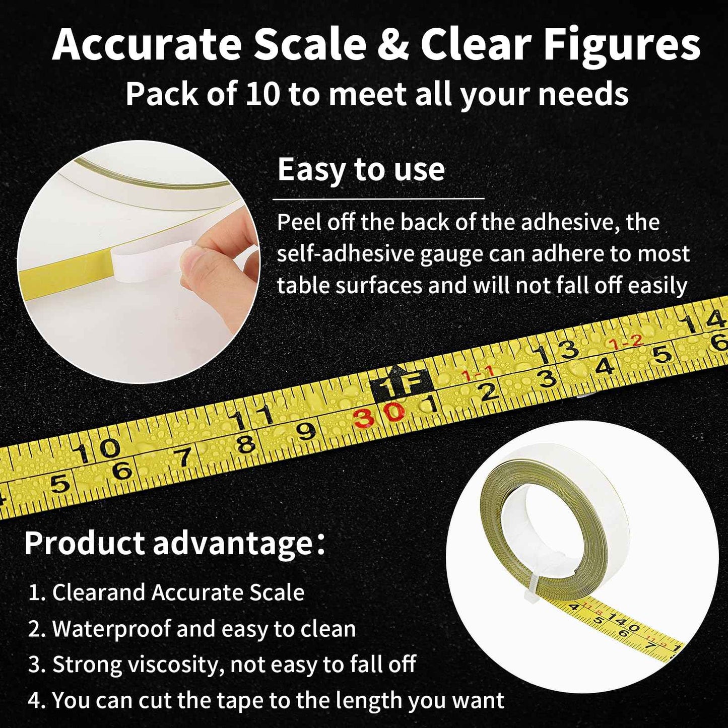 10 Packs Self Adhesive Measuring Tape Adhesive Tape Measure Stick on Tape Measure for Saw Drafting Table Work Woodworking Workbench (12 ft,Yellow)